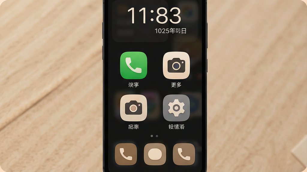 一张展示Senior Launcher手机桌面启动器的图片,画面中心是一部安卓手机,手机屏幕显示Senior Launcher的主界面,界面布局为极简风格,顶部有超大号的数字时钟和日期,中间是两列超大圆角方形图标,图标包括电话、短信、相机、设置,图标下方有清晰的中文标签,底部有三个巨大的方形按钮,整体背景为深色护眼模式,风格温馨简洁,细节圆润,画质干净清晰,无多余元素