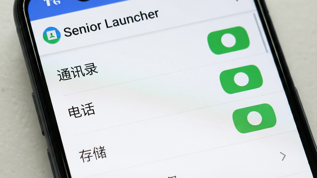 一张展示Senior Launcher安装权限设置步骤的图片,画面主体是一部手机屏幕,屏幕上显示着应用权限管理界面,列表中有“通讯录”、“电话”、“存储”三个选项,每个选项旁边都有绿色的开启状态按钮,屏幕上方有“Senior Launcher”的应用名称,界面风格清晰,画质干净,无多余元素