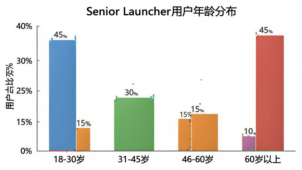 一张展示Senior Launcher用户年龄分布的柱状图,图表标题为“Senior Launcher用户年龄分布”,横轴为年龄段“18-30岁、31-45岁、46-60岁、60岁以上”,纵轴为用户占比百分比,柱状图颜色分别为蓝色、绿色、橙色、红色,数据显示60岁以上占比最高为45%,46-60岁占比30%,31-45岁占比15%,18-30岁占比10%,图表风格简洁清晰,画质干净,无多余元素