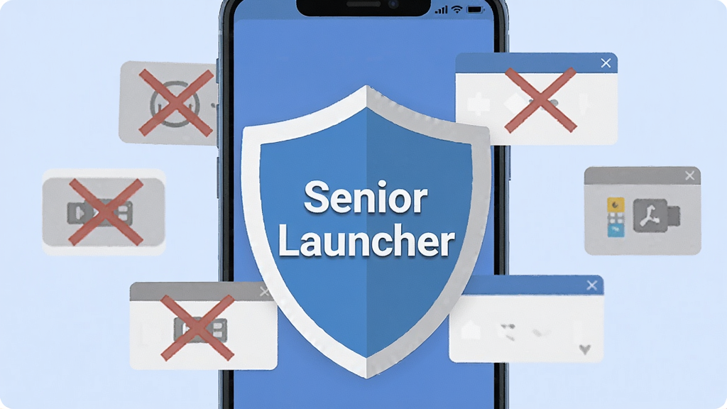 一张展示Senior Launcher防误触与广告拦截概念的图片,画面主体是一部手机屏幕,屏幕中央有一个巨大的盾牌图标,盾牌上写着“Senior Launcher”字样,盾牌周围环绕着被拦截的灰色小广告图标和弹窗,背景为淡蓝色,风格扁平化,细节清晰,画质干净,无多余元素