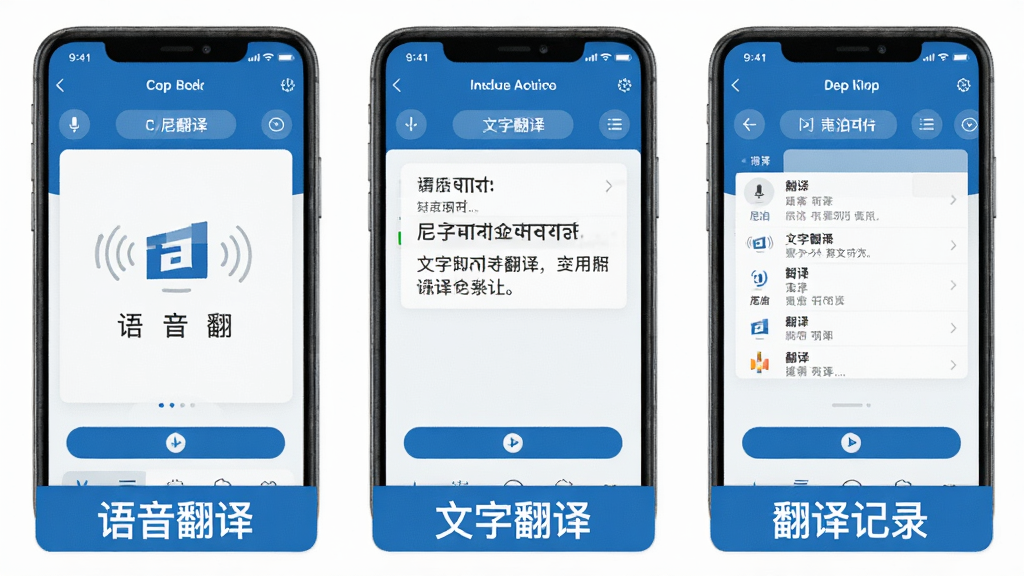 尼泊尔语翻译软件的功能展示图,画面中并排展示语音翻译、文字翻译和翻译记录三个功能模块的界面截图,每张截图下方有对应的中文标签“语音翻译”“文字翻译”“翻译记录”,整体风格统一,以蓝白色调为主,画质干净整洁