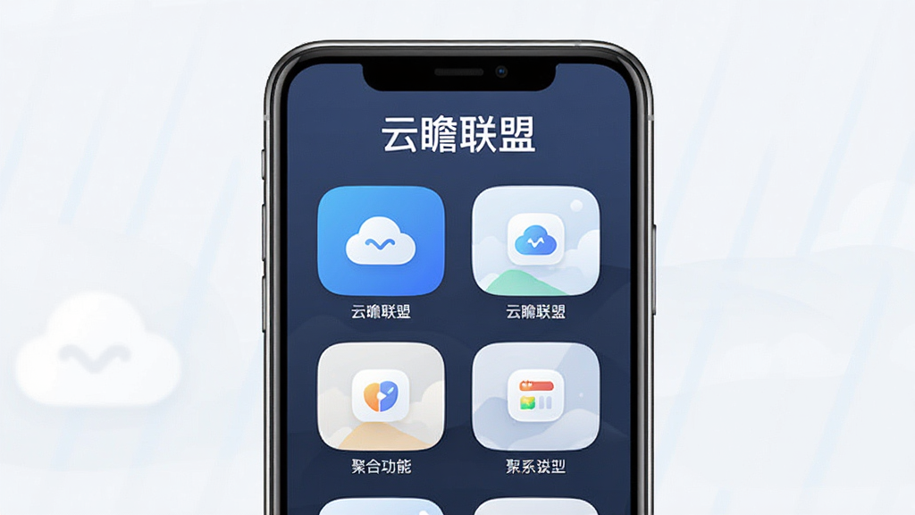 一张手机应用界面展示图,画面中央是“云瞻联盟”APP的主页,页面顶部有“云瞻联盟”四个字的文字标识,主体区域展示聚合功能入口图标,布局简洁清晰,排版为上下结构,风格现代扁平化,细节圆润,画质清晰干净,无多余元素