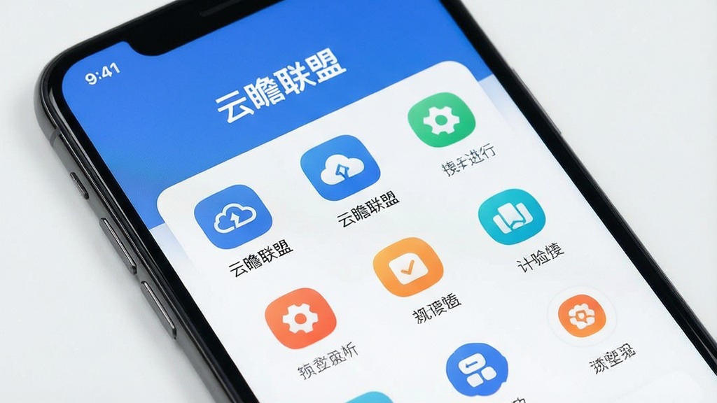 一张手机屏幕特写图,画面中“云瞻联盟”APP的界面干净清爽,没有广告弹窗,页面中央展示功能图标整齐排列,布局为上下结构,风格简约现代,画质清晰干净,无多余元素