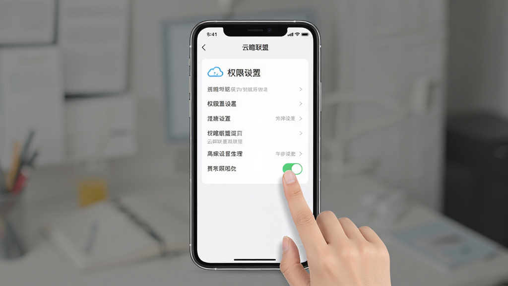 一张手机操作步骤示意图,画面中展示“云瞻联盟”APP的权限设置页面,用户手指正在点击权限开关,布局为居中结构,风格简洁明了,细节清晰,画质干净,无多余元素