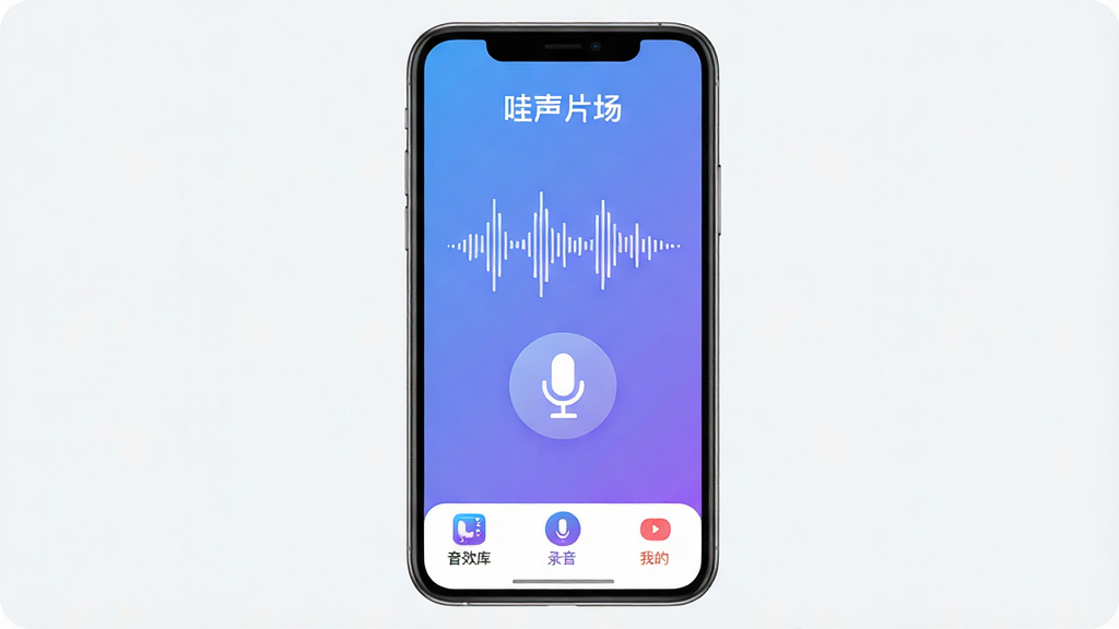 一张手机应用界面展示图,画面中央是“哇声片场”App的主界面,顶部显示软件名称“哇声片场”,中间是音频波形图和麦克风图标,底部有音效库、录音、我的三个选项卡,整体配色清爽,以蓝紫色渐变为主,风格现代扁平,图标圆润,画质干净清晰,无多余元素