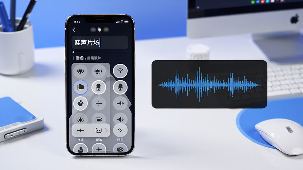 一张AI语音合成功能展示图,画面中手机屏幕显示“哇声片场”的文字输入框和音色选择列表,旁边有声音波形可视化效果,背景是简洁的工作台风格,色调以蓝白为主,风格科技感但不过度花哨,画面干净,无多余元素