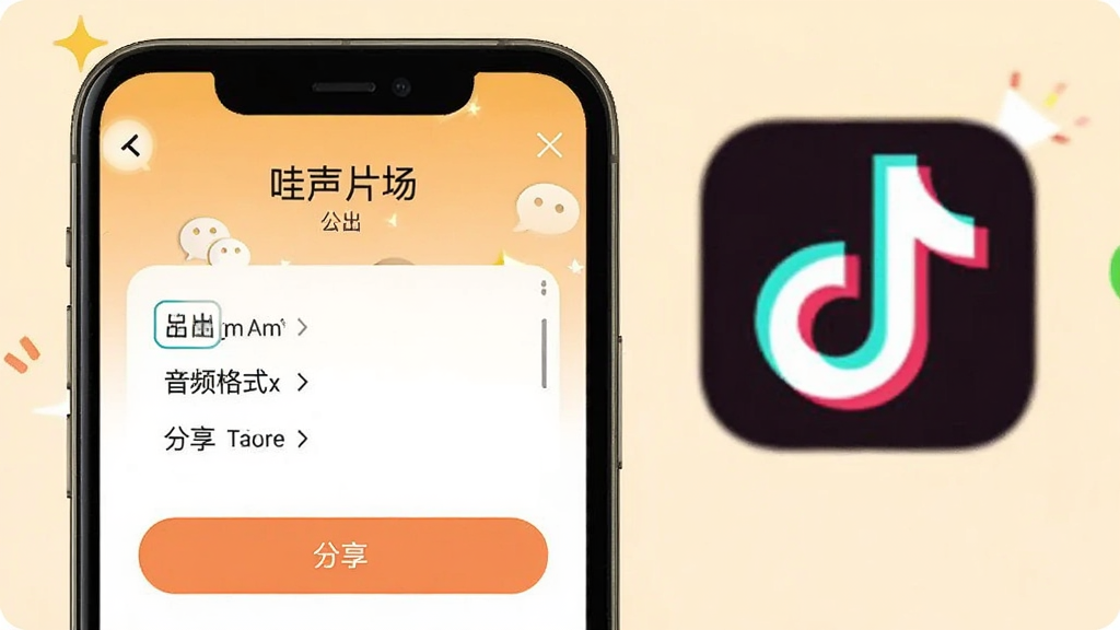 一张手机导出分享界面展示图,画面中“哇声片场”的导出页面显示音频格式选项和分享按钮,背景有微信和抖音的图标,整体风格轻快明亮,以暖色调为主,布局简洁,画质干净,无多余元素