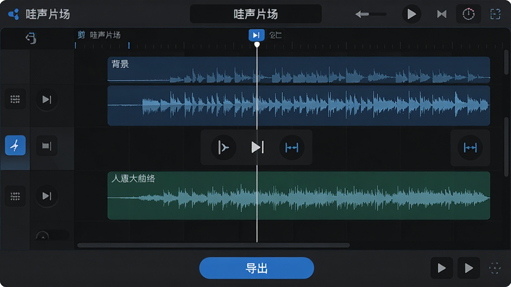 一张音频剪辑界面展示图,画面中“哇声片场”的编辑界面显示多条音轨,有背景音乐波形和人声波形,中间有切割和淡入淡出图标,底部有导出按钮,整体布局清晰,风格专业简洁,配色以深色背景配蓝色高亮,画质干净,无多余元素