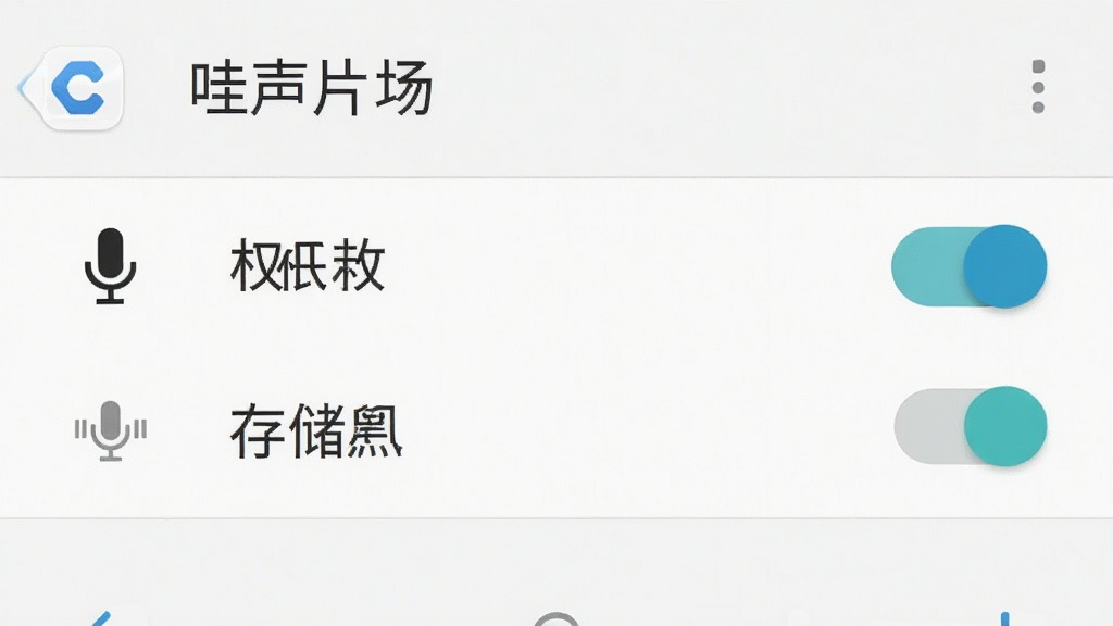 一张手机权限设置界面展示图,画面中显示“哇声片场”的应用权限页面,麦克风和存储权限开关处于开启状态,背景是安卓系统设置界面,风格简洁直观,配色以白色和蓝色为主,画质清晰,无多余元素