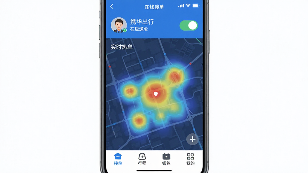 一张手机应用界面截图,画面中央是携华出行司机端极速版的主页,顶部显示司机头像和在线接单开关,中间是实时订单热力地图,底部有接单、行程、钱包、我的四个图标,整体配色以蓝色和白色为主,风格简洁现代,画质清晰干净,无多余元素