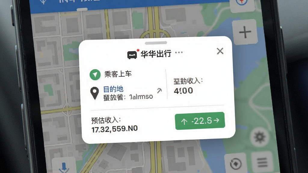 携华出行司机端极速版订单推送界面,手机屏幕显示新订单弹窗,上面有乘客上车点、目的地、预估收入等信息,背景是城市道路地图,风格写实,画质清晰,无多余元素