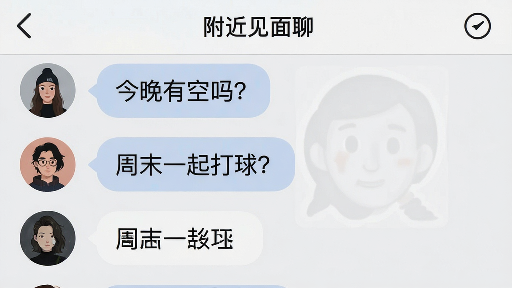 一张手机聊天界面的截图,顶部显示“附近见面聊”字样,聊天列表中有几个不同风格的用户头像,气泡对话框里显示着“今晚有空吗?”、“周末一起打球?”等文字,界面风格简洁,背景是浅灰色,画质清晰干净