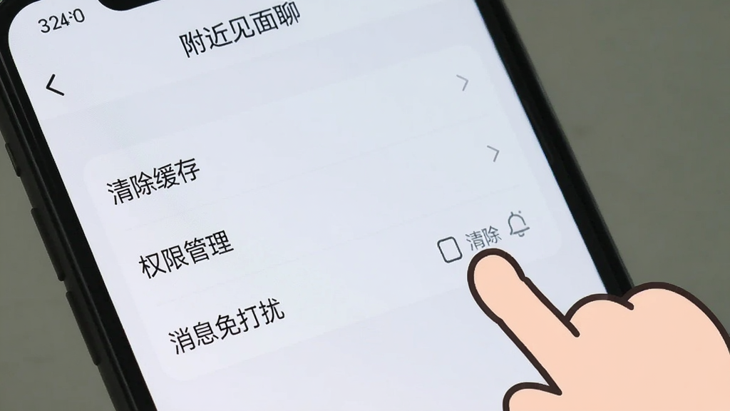 一张手机屏幕显示“附近见面聊”的设置页面,页面中有“清除缓存”、“权限管理”、“消息免打扰”等选项,旁边有一个卡通手指正在点击“清除缓存”按钮,背景是浅色系,风格简洁明了,画质清晰