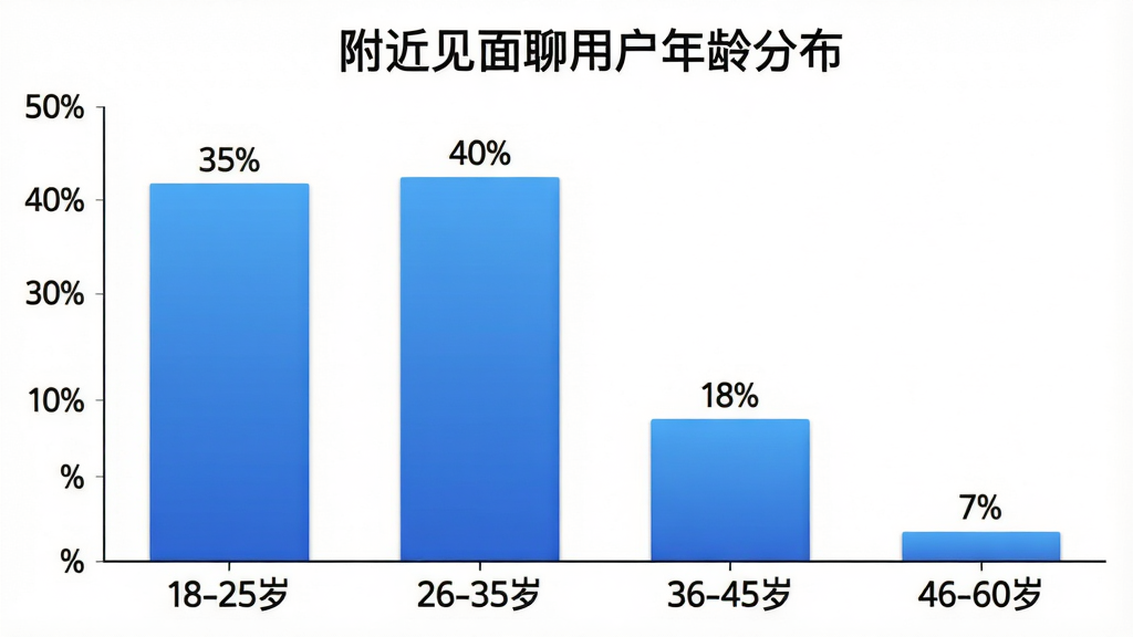 一张柱状图,标题为“附近见面聊用户年龄分布”,横轴是年龄段“18-25岁”、“26-35岁”、“36-45岁”、“46-60岁”,纵轴是百分比,柱子高度分别显示“35%”、“40%”、“18%”、“7%”,图表颜色为蓝色渐变,背景白色,画质干净无多余元素