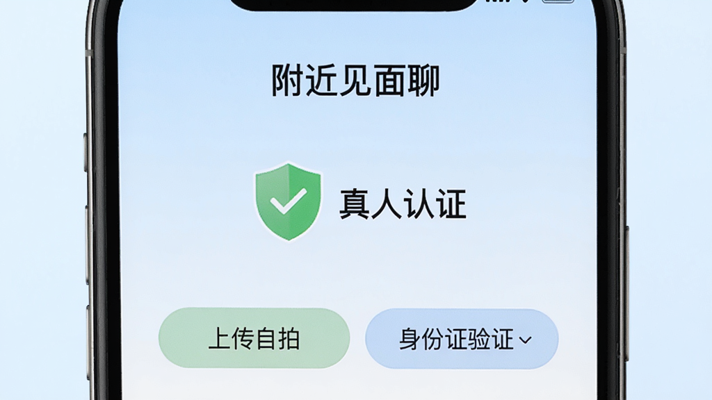 一张手机屏幕显示“附近见面聊”的真人认证页面,页面中央有一个绿色的盾牌图标,旁边写着“真人认证”,下方是“上传自拍”和“身份证验证”两个按钮,背景是淡蓝色渐变,风格安全可靠,画质干净