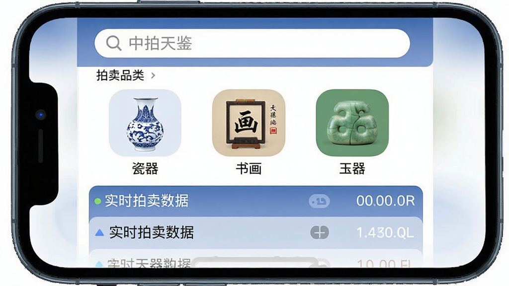 一张展示“中拍天鉴”软件主界面的手机应用截图,主体是手机屏幕,布局为顶部搜索栏,中间是拍卖品分类图标如瓷器、书画、玉器,下方是实时拍卖数据滚动列表,排版简洁,风格现代扁平化,细节上图标圆润,画质清晰,干净无多余元素,背景为纯色。
