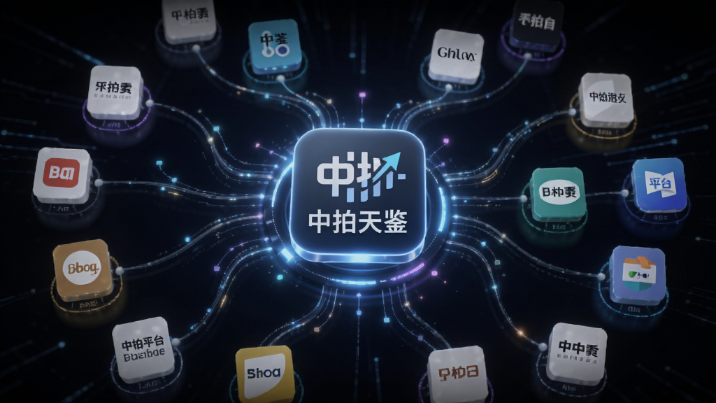 一张由“Boogu-Image”生成的图片,主体是一个抽象的数据聚合概念图,布局为中间一个发光的“中拍天鉴”图标,四周有线条连接着多个代表不同拍卖平台的小方块,排版呈放射状,风格科技感十足,细节上线条流畅有光晕,画质高清,干净无多余元素。