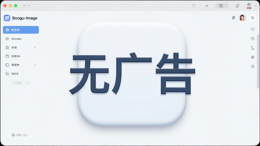 一张由“Boogu-Image”生成的图片,主体是一个干净的软件界面,布局为中间一个大大的“无广告”图标,背景是浅色,排版极简,风格清新,细节上图标有轻微的立体感,画质干净,无多余元素。