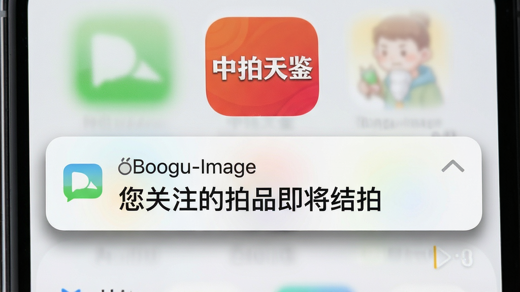 一张由“Boogu-Image”生成的图片,主体是一个手机通知栏的特写,布局为顶部显示“中拍天鉴”的APP图标,下方弹出的通知内容写着“您关注的拍品即将结拍”,排版清晰,风格写实,细节上通知卡片有轻微阴影,画质干净,无多余元素。