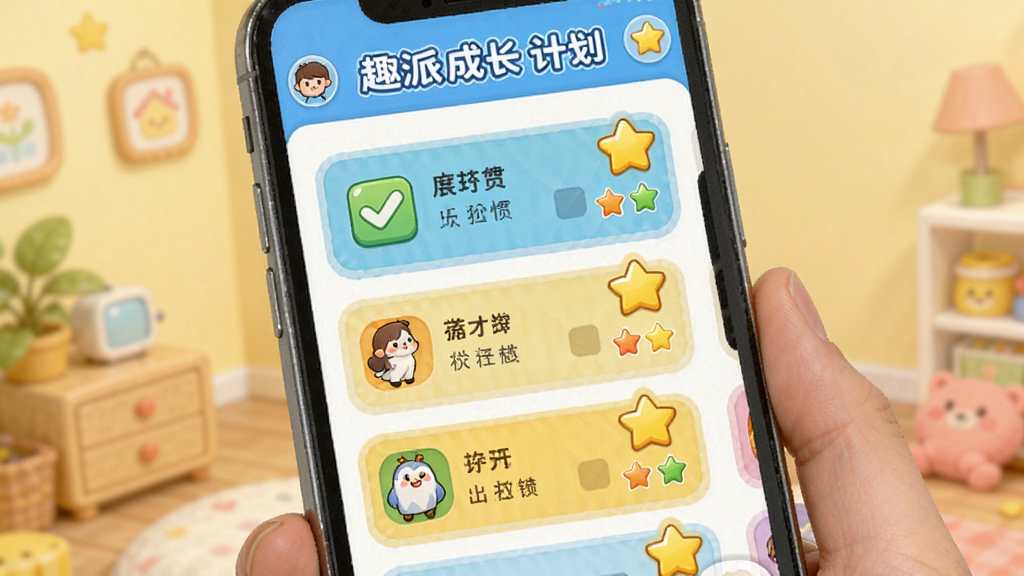 趣派成长计划习惯养成界面,画面展示手机屏幕中显示多个习惯打卡项目,每个项目带有勾选框和星星奖励图标,界面配色活泼明快,卡通风格图标点缀,布局整洁有序,画质干净无多余元素