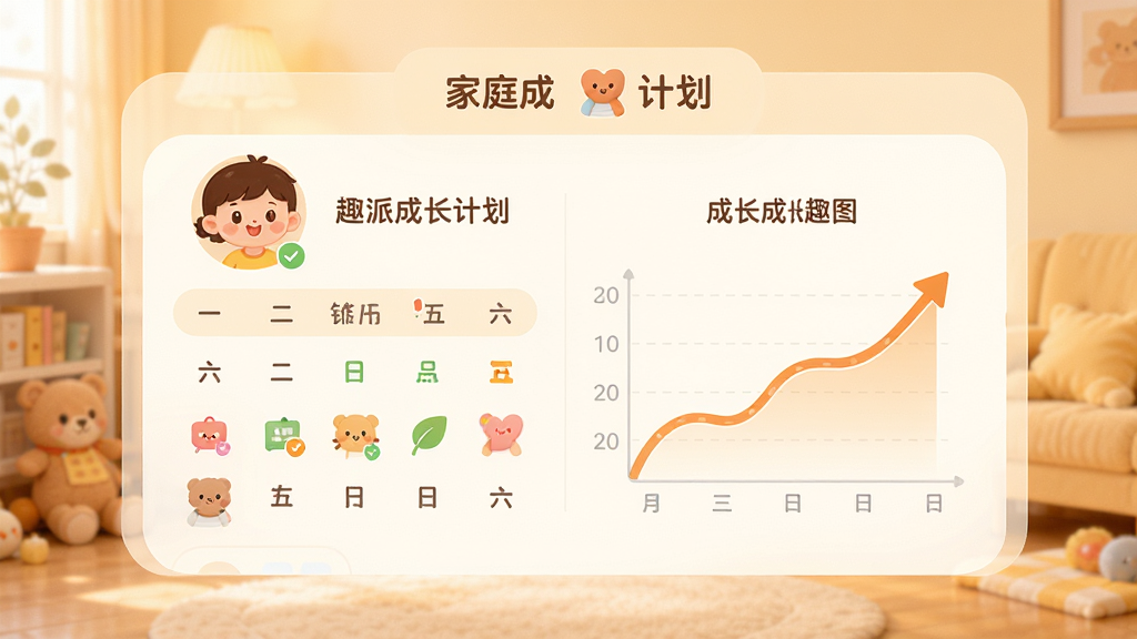 趣派成长计划应用主界面截图,画面中央展示温馨的家庭成长记录面板,包含孩子头像、打卡日历、成长曲线图,背景是柔和的暖色调,界面设计简洁现代,图标圆润可爱,文字标签清晰可见,整体风格温馨亲切,画质干净无多余元素