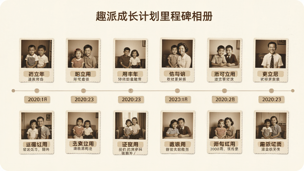 趣派成长计划里程碑相册界面,画面展示时间轴形式的照片墙,每张照片下方有日期标签和简短文字说明,背景是淡雅的米白色,照片排列整齐,风格温馨怀旧,画质清晰干净