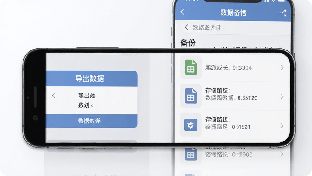 趣派成长计划数据备份界面,画面展示手机屏幕中显示导出数据选项和备份文件列表,包含表格文件图标和存储路径信息,界面设计简洁专业,配色以蓝灰为主,画质干净
