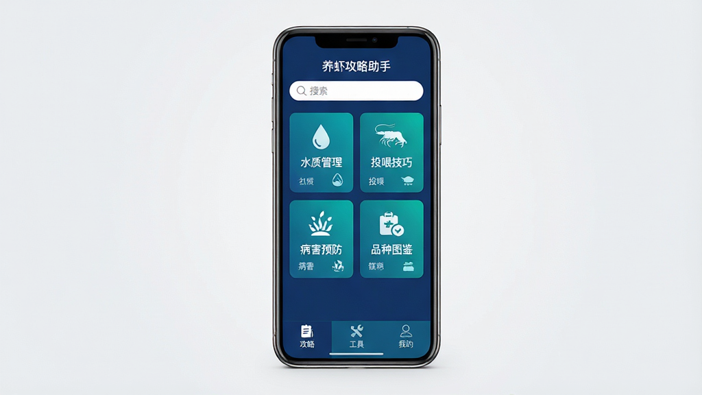 养虾攻略助手软件主界面全貌展示,画面中央是手机屏幕,屏幕内显示“养虾攻略助手”应用首页,顶部有搜索栏,中间是水质管理、投喂技巧、病害预防、品种图鉴四个功能卡片,底部为攻略、工具、我的三个选项卡,界面以深蓝色和青绿色为主色调,风格简洁清新,背景为干净的浅灰色,画质高清,无多余元素