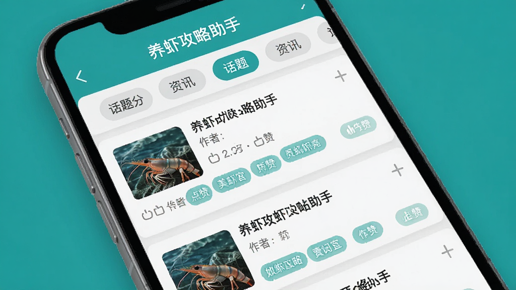 养虾攻略助手社区精华帖聚合页面,手机屏幕显示“养虾攻略助手”的帖子列表,每条帖子有标题、作者、点赞数和标签,顶部有话题分类选项卡,界面风格类似资讯阅读类应用,配色以浅灰和青绿为主,排版清爽,画质干净