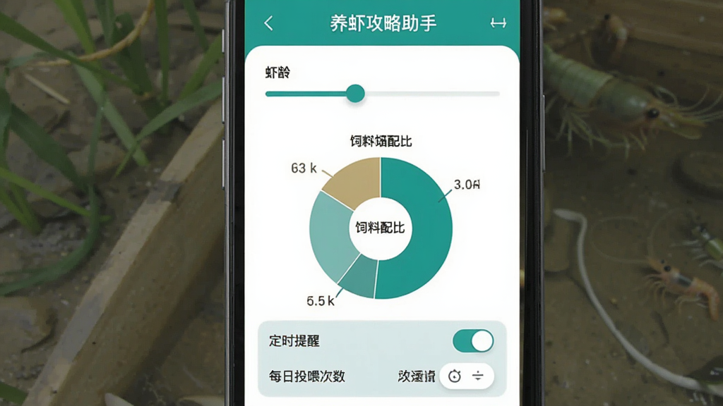 养虾攻略助手投喂计划界面,手机屏幕显示“养虾攻略助手”的投喂设置页面,上方是虾龄选择滑块,中间是饲料配比饼状图,下方是定时提醒开关和每日投喂次数设置,界面配色以青绿色和白色为主,图标简洁,排版规整,风格清新,画质干净无多余元素