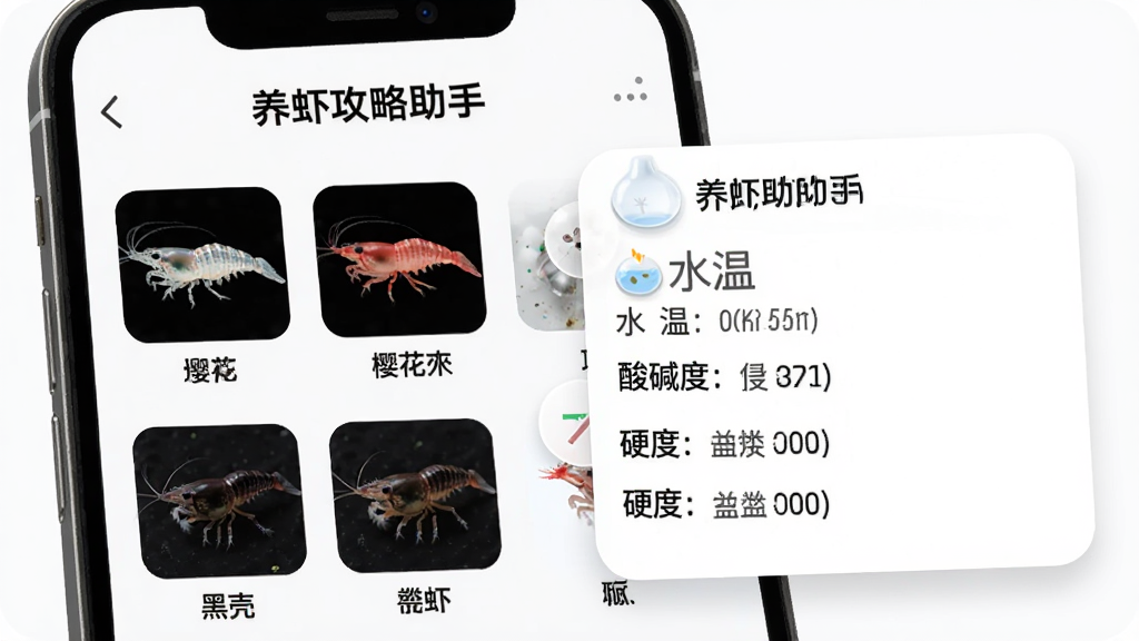 养虾攻略助手品种图鉴功能展示,手机屏幕显示“养虾攻略助手”的品种列表页面,画面中有水晶虾、樱花虾、黑壳虾的缩略图和名称,点击后弹出详细信息卡片,包含水温、酸碱度、硬度等数据,布局清晰,排版整齐,风格现代扁平,背景为白色,细节圆润,画质干净