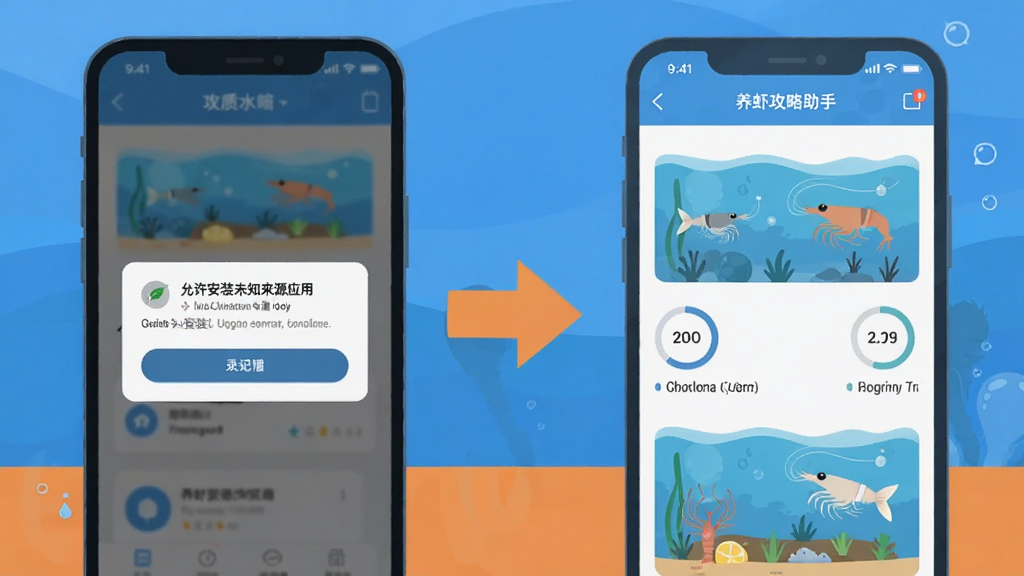 养虾攻略助手新手避坑指南示意图,画面左侧是手机安装界面显示“允许安装未知来源应用”的弹窗,右侧是养虾攻略助手的水质记录页面,中间用箭头连接,风格为扁平化信息图,配色以蓝色和橙色为主,排版清晰,画质干净