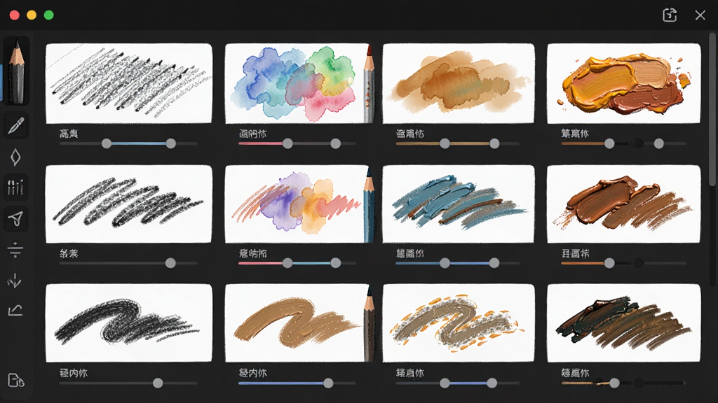 art手绘软件内部画笔选择界面截图风格插画,画面主体是art手绘的画笔库面板,展示一排排不同笔触效果的预览线条,包括铅笔的颗粒感、水彩的晕染、油画的厚重,布局为网格状排列,风格简洁明快,细节有笔触名称标签和参数调节滑块,画质高清,无多余元素
