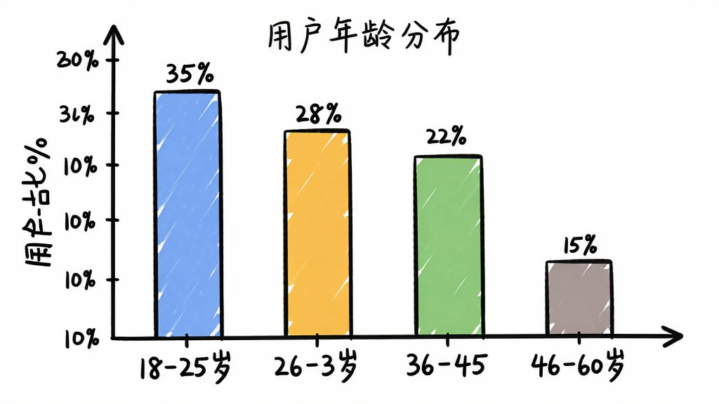art手绘用户年龄分布柱状图,画面主体是一个柱状图表,横轴标注年龄段18-25岁、26-35岁、36-45岁、46-60岁,纵轴标注用户占比百分比,柱子高度分别显示约35%、28%、22%、15%,布局为居中图表,风格简洁数据可视化,细节有坐标轴标签和数值标注,画质清晰,无多余元素