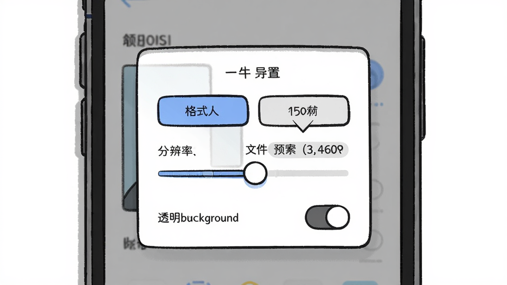 art手绘导出设置界面插画,画面主体是手机屏幕显示导出选项弹窗,包含格式选择按钮和分辨率调节滑块,布局为居中弹窗式,风格简约现代,细节有文件大小预估显示和透明背景开关,画质清晰,无多余元素