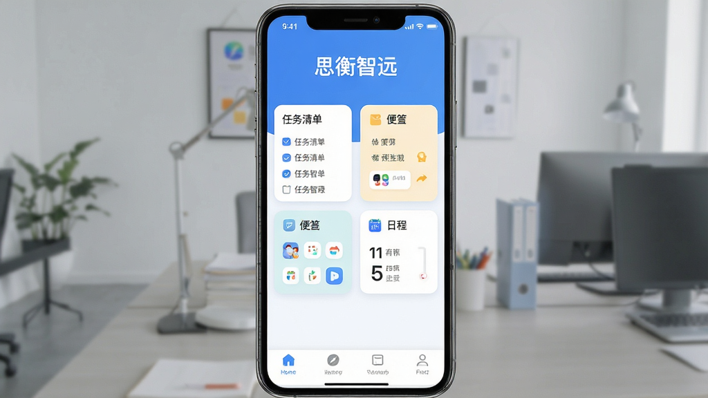 一张展示“思衡智远”App整体界面的手机屏幕截图,画面中央是简洁的蓝白色调主界面,顶部显示“思衡智远”文字,中间是功能卡片式布局,包含任务清单、便签和日程模块,底部为导航栏,整体风格现代扁平,图标圆润,画质干净清晰,无多余元素