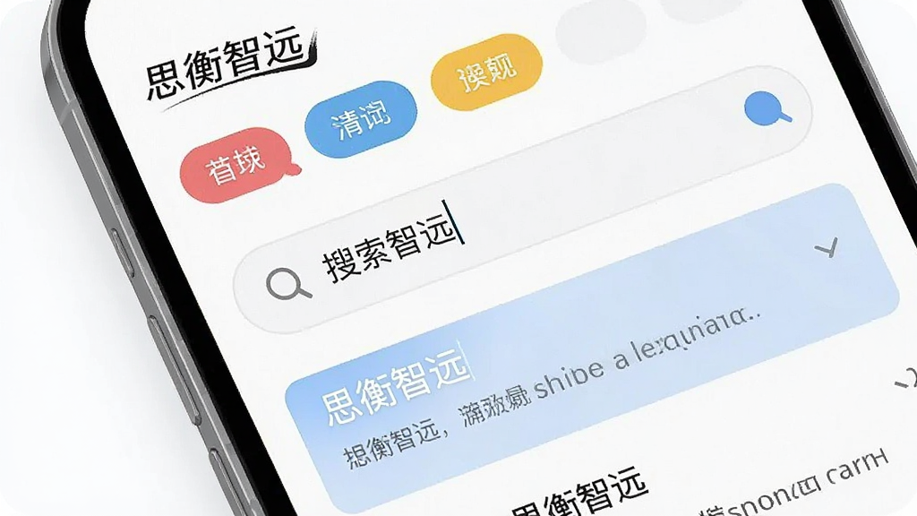 一张展示“思衡智远”标签与搜索功能的手机界面特写,屏幕上显示彩色标签分类和搜索框输入状态,搜索结果高亮显示,背景为白色,布局清晰,风格现代扁平,画质干净无多余元素