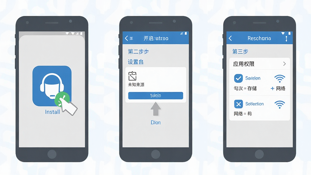 一张展示“思衡智远”在手机上安装和权限设置步骤的示意图,画面分为三个小步骤:第一步点击安装包,第二步在设置中开启未知来源权限,第三步在应用权限页面勾选存储和网络,风格为扁平化教程插图,颜色以蓝白灰为主,画质干净,无多余元素