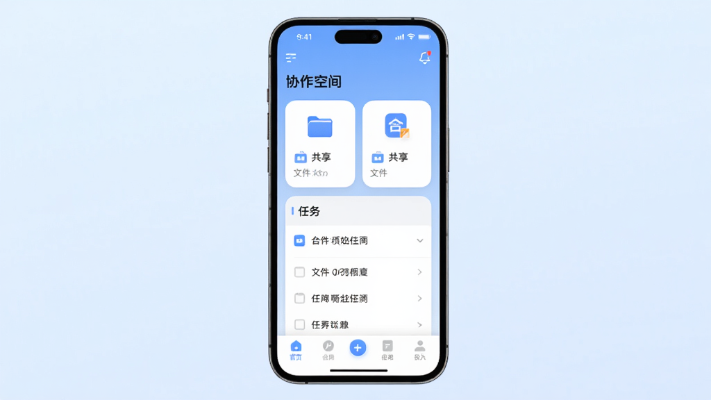 手机屏幕居中展示“合因”应用主界面,界面布局简洁,顶部显示协作空间名称,中间是文件共享卡片和任务清单,底部为导航栏,背景是淡蓝色渐变,风格现代扁平,细节圆润,画质干净无多余元素