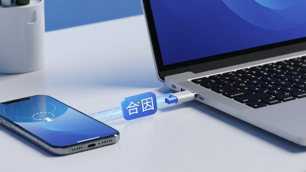 一部手机和一台笔记本电脑通过“合因”的图标连接在一起,中间有数据流线条,背景是简约的办公室桌面,风格科技感,色彩以蓝白为主,画质干净