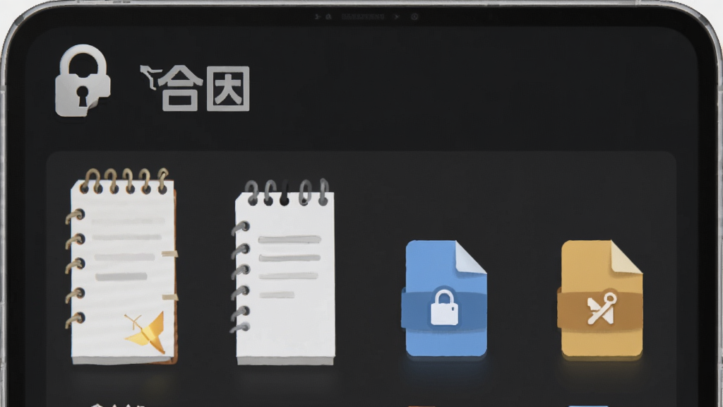一个带有锁形图标的个人空间界面,图标旁边写着“合因”,空间内整齐排列着笔记和文件图标,风格极简,画质干净