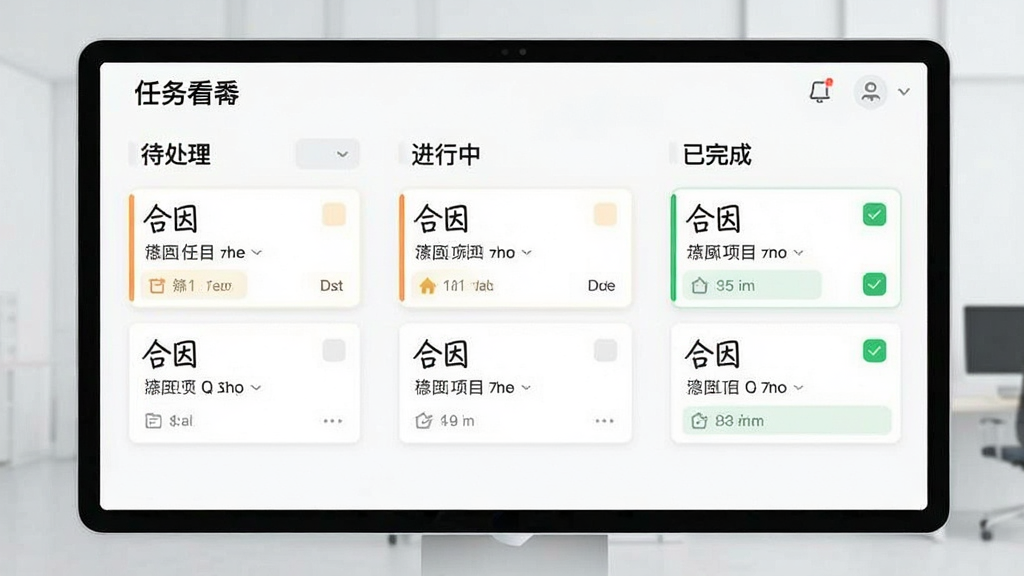 一张数字化任务看板界面,上面有“待处理”、“进行中”、“已完成”三列,卡片上写着“合因”项目任务,界面风格清爽,排版整齐,画质清晰