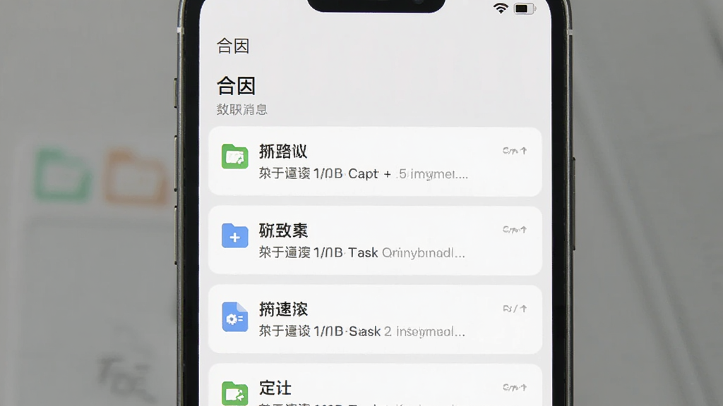 手机屏幕显示“合因”的消息通知列表,每条通知都关联着文件或任务,界面设计简洁,字体清晰,背景干净,无多余元素