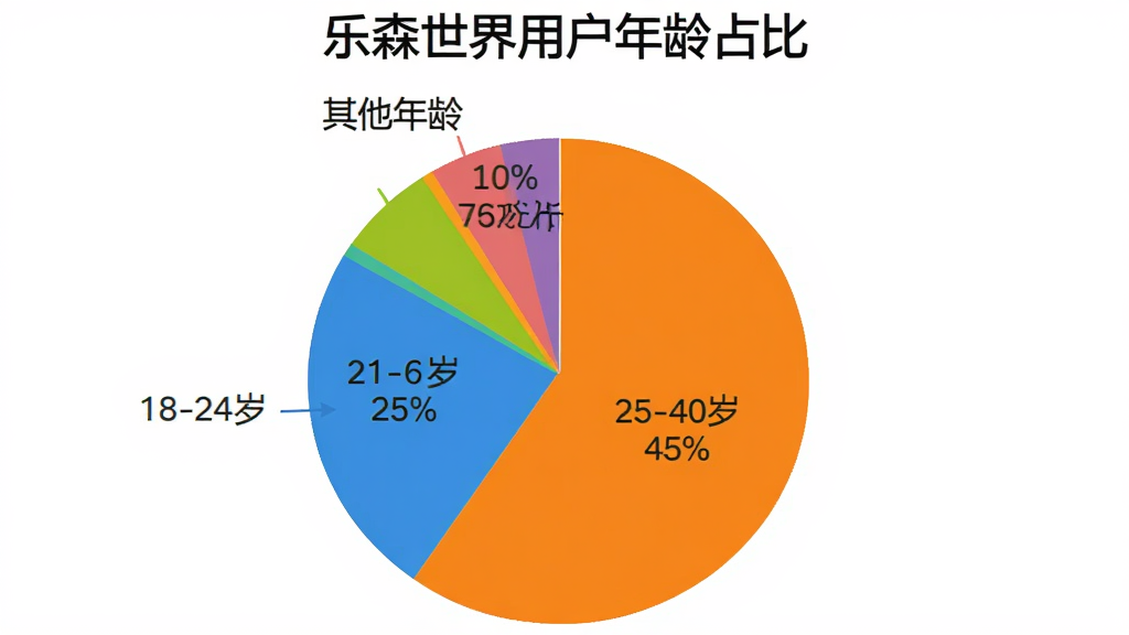 乐森世界用户年龄分布饼状图,图表标题为“乐森世界用户年龄占比”,数据为18-24岁占25%,25-40岁占45%,41-60岁占20%,其他年龄占10%,饼图配色鲜明,标注清晰,背景干净简洁。