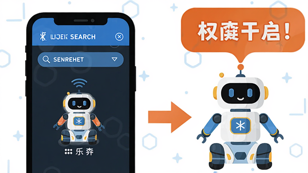 乐森世界连接机器人的操作示意图,手机屏幕上显示着蓝牙搜索列表和机器人图标,旁边有箭头指向已连接的乐森机器人,画面中有醒目的权限开启提示气泡,风格为扁平化教程插图,色彩明快,画质干净无杂乱元素。
