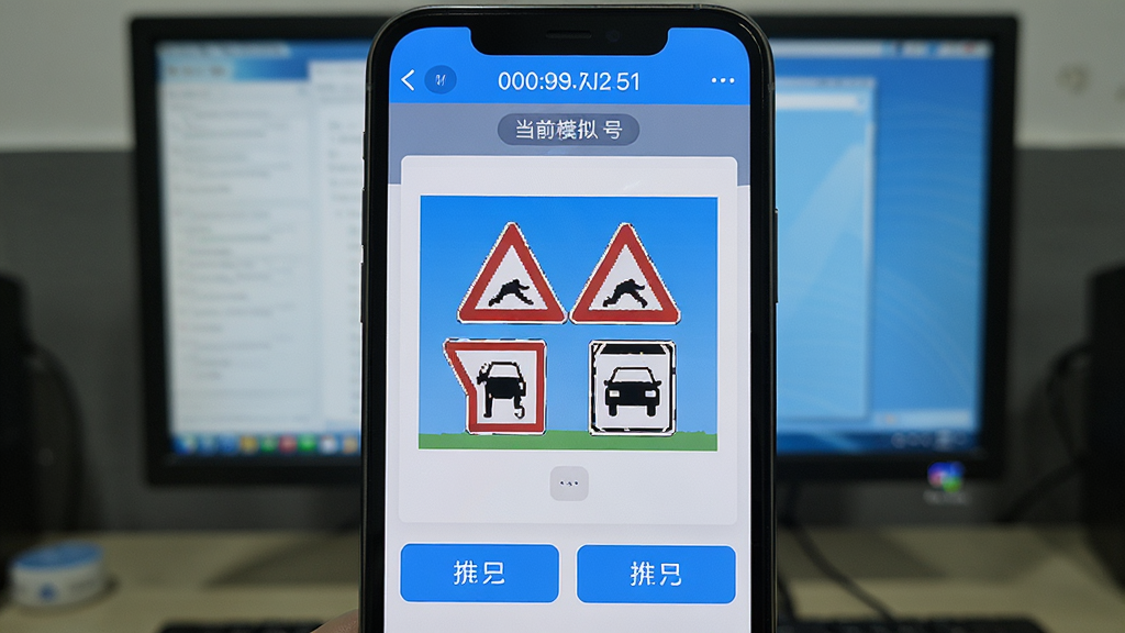 �ֻ���Ļ����ʾ���տ�Ŀһ����APP��ģ�⿼�Խ��棬�����е���ʱ�͵�ǰ��ţ��м���һ�����ڽ�ͨ��־��ѡ������ͼ���ײ����ĸ�ѡ�ť��������ģ����ʵ�������Խ��棬��ɫ�����׻�Ϊ�����ɾ����࣬���������޶���Ԫ��