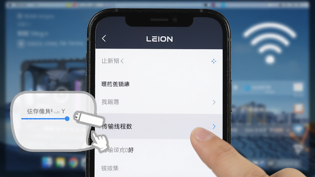 һ��չʾLEIONʹ�ü��ɵ�ͼƬ��������һ���ֻ���Ļ����ʾLEION�����ý��棬�Ա�����ָ����������߳�����ѡ���ʾ�⣬������ģ���ĵ�����Ļ��WiFiͼ�꣬������ǲ���ָ�Ͻ�ͼ�������������޶���Ԫ�ء�