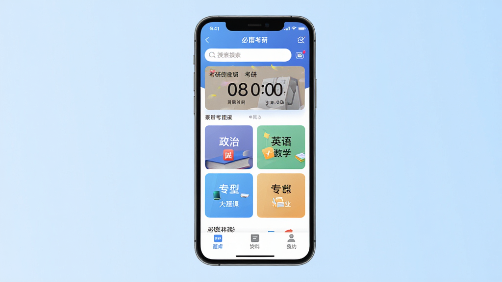 必鹿考研软件主界面全貌展示,画面中央是手机屏幕,屏幕内显示必鹿考研App首页,顶部有搜索框和考研倒计时卡片,中间是政治英语数学专业课四大科目入口,底部为题库、资料、我的三个选项卡,背景为浅蓝色渐变,风格简洁现代扁平化,文字标签清晰可见,画质干净无多余元素。