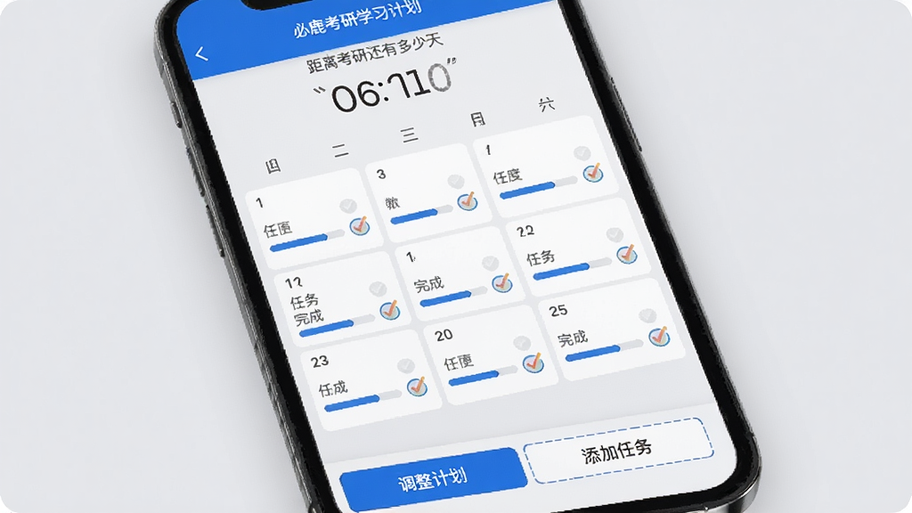 必鹿考研学习计划设置界面,手机屏幕显示日历视图,每一天下方有任务进度条和完成打勾标记,顶部有距离考研还有多少天的倒计时,底部有调整计划和添加任务按钮,背景为浅灰色,配色以蓝色和白色为主,风格清新简洁,画质干净利落。