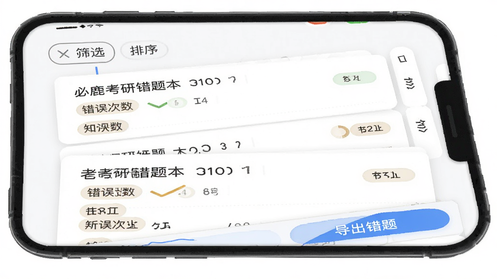 必鹿考研错题本界面,手机屏幕显示错题列表,每道题旁边标注了错误次数和所属知识点标签,顶部有筛选和排序按钮,底部有导出错题按钮,背景为白色,卡片式布局,文字清晰,风格简约实用,画质干净无多余装饰。